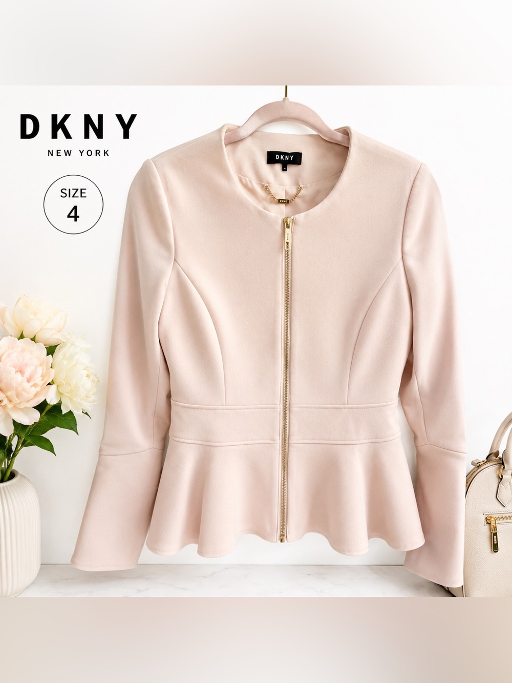 DKNY Blush Pink Peplum Zip Tailored Career Jacket Size 4 Career Stretch Blazer
